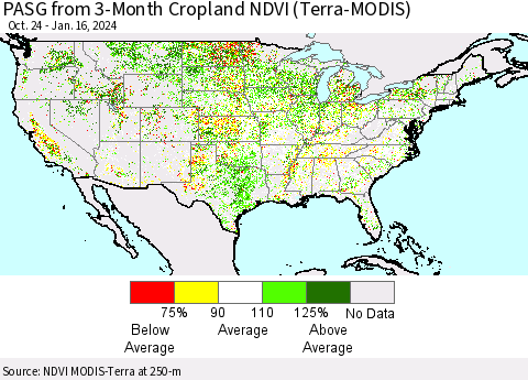 United States PASG from 3-Month Cropland NDVI (Terra-MODIS) Thematic Map For 1/9/2024 - 1/16/2024