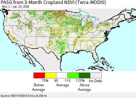 United States PASG from 3-Month Cropland NDVI (Terra-MODIS) Thematic Map For 1/17/2024 - 1/24/2024