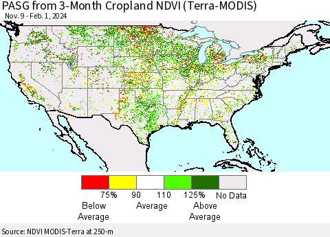 United States PASG from 3-Month Cropland NDVI (Terra-MODIS) Thematic Map For 1/25/2024 - 2/1/2024