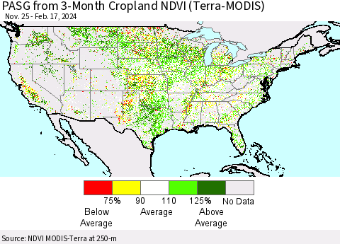 United States PASG from 3-Month Cropland NDVI (Terra-MODIS) Thematic Map For 2/10/2024 - 2/17/2024