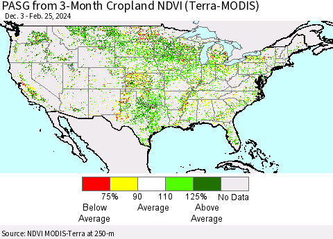 United States PASG from 3-Month Cropland NDVI (Terra-MODIS) Thematic Map For 2/18/2024 - 2/25/2024