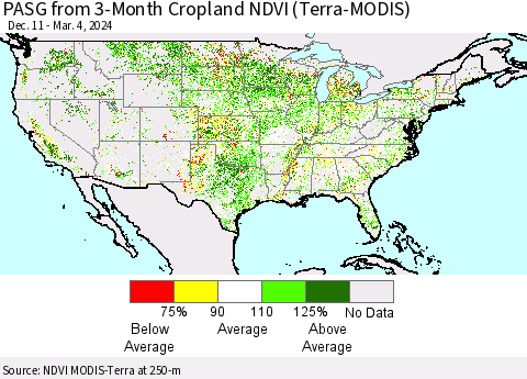United States PASG from 3-Month Cropland NDVI (Terra-MODIS) Thematic Map For 2/26/2024 - 3/4/2024