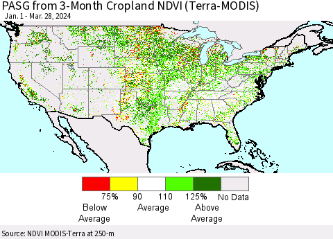 United States PASG from 3-Month Cropland NDVI (Terra-MODIS) Thematic Map For 3/21/2024 - 3/28/2024