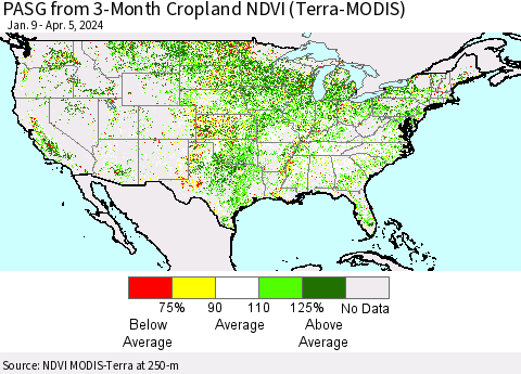 United States PASG from 3-Month Cropland NDVI (Terra-MODIS) Thematic Map For 3/29/2024 - 4/5/2024