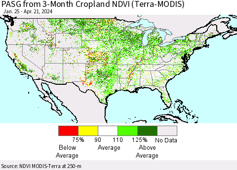 United States PASG from 3-Month Cropland NDVI (Terra-MODIS) Thematic Map For 4/14/2024 - 4/21/2024