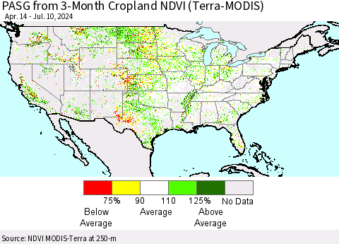 United States PASG from 3-Month Cropland NDVI (Terra-MODIS) Thematic Map For 7/3/2024 - 7/10/2024