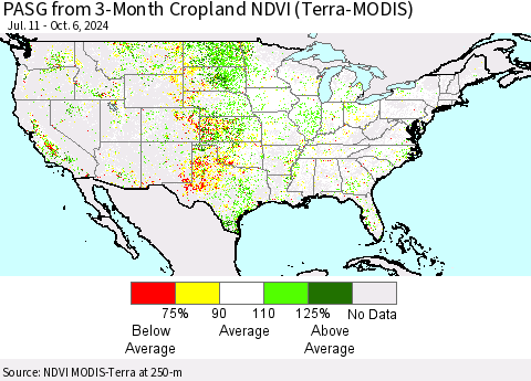 United States PASG from 3-Month Cropland NDVI (Terra-MODIS) Thematic Map For 9/29/2024 - 10/6/2024