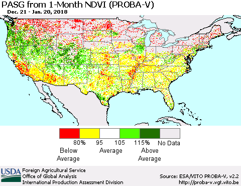 United States PASG from 1-Month NDVI (PROBA-V) Thematic Map For 1/11/2018 - 1/20/2018