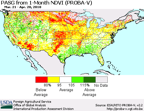 United States PASG from 1-Month NDVI (PROBA-V) Thematic Map For 4/11/2018 - 4/20/2018