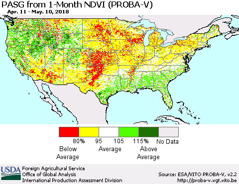 United States PASG from 1-Month NDVI (PROBA-V) Thematic Map For 5/1/2018 - 5/10/2018