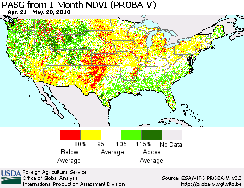 United States PASG from 1-Month NDVI (PROBA-V) Thematic Map For 5/11/2018 - 5/20/2018