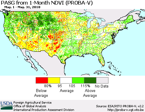 United States PASG from 1-Month NDVI (PROBA-V) Thematic Map For 5/21/2018 - 5/31/2018