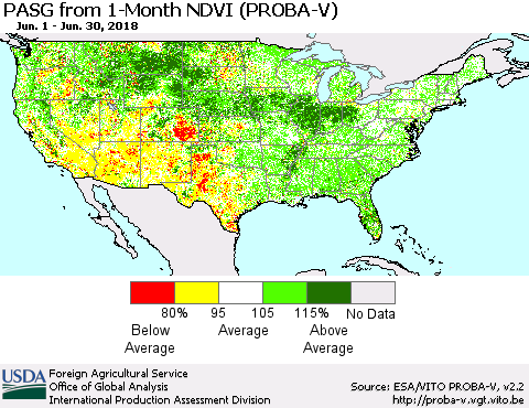 United States PASG from 1-Month NDVI (PROBA-V) Thematic Map For 6/21/2018 - 6/30/2018