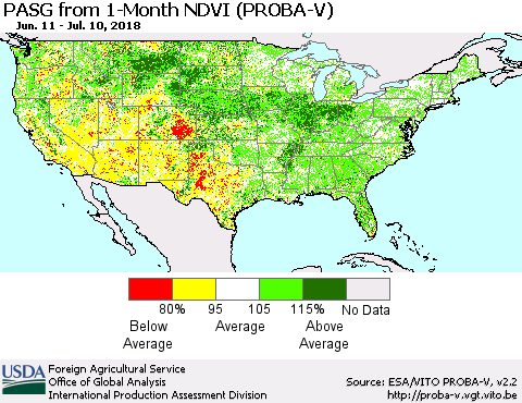 United States PASG from 1-Month NDVI (PROBA-V) Thematic Map For 7/1/2018 - 7/10/2018