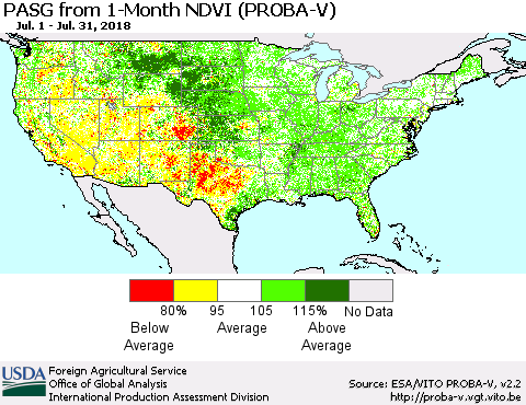 United States PASG from 1-Month NDVI (PROBA-V) Thematic Map For 7/21/2018 - 7/31/2018
