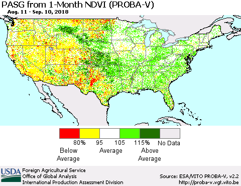 United States PASG from 1-Month NDVI (PROBA-V) Thematic Map For 9/1/2018 - 9/10/2018