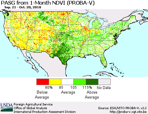 United States PASG from 1-Month NDVI (PROBA-V) Thematic Map For 10/11/2018 - 10/20/2018