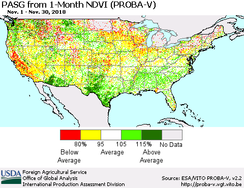 United States PASG from 1-Month NDVI (PROBA-V) Thematic Map For 11/21/2018 - 11/30/2018