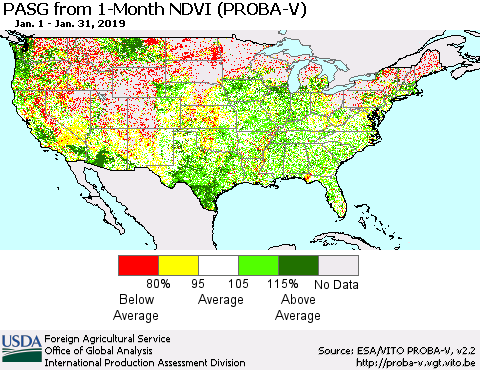 United States PASG from 1-Month NDVI (PROBA-V) Thematic Map For 1/21/2019 - 1/31/2019