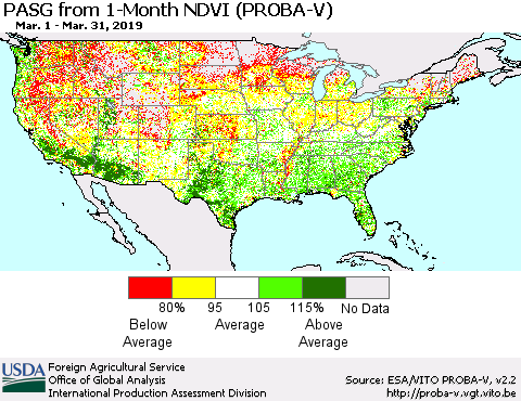 United States PASG from 1-Month NDVI (PROBA-V) Thematic Map For 3/21/2019 - 3/31/2019