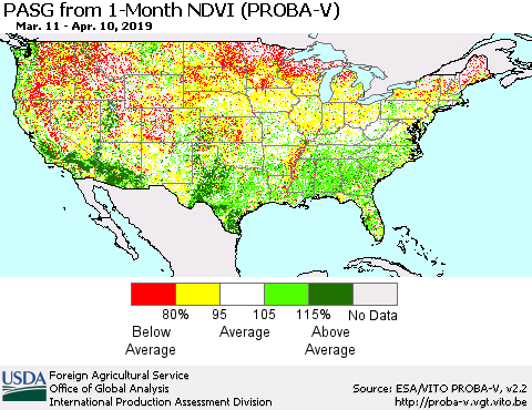 United States PASG from 1-Month NDVI (PROBA-V) Thematic Map For 4/1/2019 - 4/10/2019