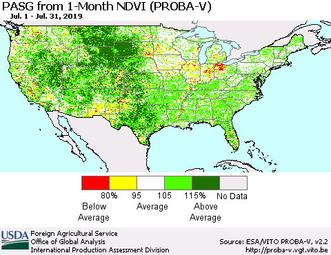 United States PASG from 1-Month NDVI (PROBA-V) Thematic Map For 7/21/2019 - 7/31/2019