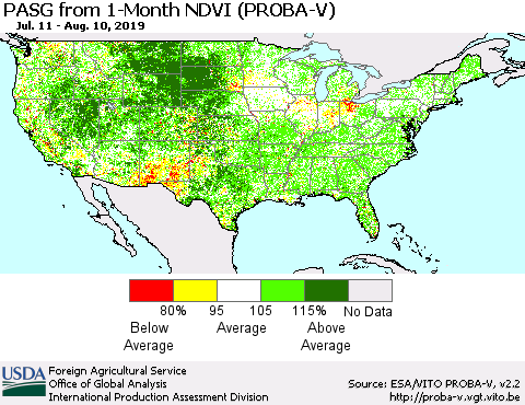 United States PASG from 1-Month NDVI (PROBA-V) Thematic Map For 8/1/2019 - 8/10/2019