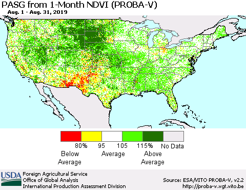 United States PASG from 1-Month NDVI (PROBA-V) Thematic Map For 8/21/2019 - 8/31/2019