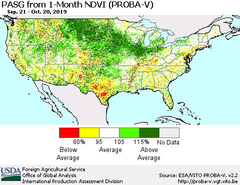 United States PASG from 1-Month NDVI (PROBA-V) Thematic Map For 10/11/2019 - 10/20/2019
