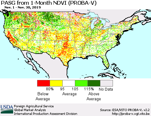 United States PASG from 1-Month NDVI (PROBA-V) Thematic Map For 11/21/2019 - 11/30/2019