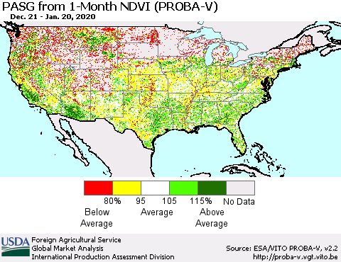 United States PASG from 1-Month NDVI (PROBA-V) Thematic Map For 1/11/2020 - 1/20/2020
