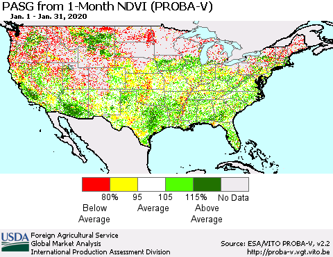 United States PASG from 1-Month NDVI (PROBA-V) Thematic Map For 1/21/2020 - 1/31/2020
