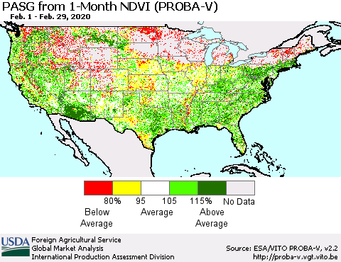 United States PASG from 1-Month NDVI (PROBA-V) Thematic Map For 2/21/2020 - 2/29/2020