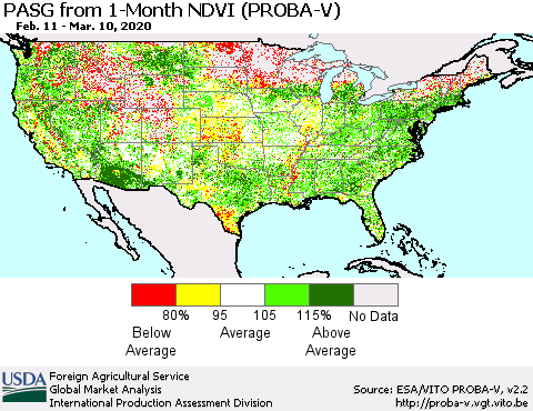 United States PASG from 1-Month NDVI (PROBA-V) Thematic Map For 3/1/2020 - 3/10/2020