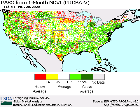 United States PASG from 1-Month NDVI (PROBA-V) Thematic Map For 3/11/2020 - 3/20/2020