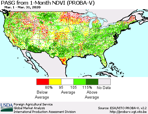 United States PASG from 1-Month NDVI (PROBA-V) Thematic Map For 3/21/2020 - 3/31/2020