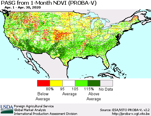 United States PASG from 1-Month NDVI (PROBA-V) Thematic Map For 4/21/2020 - 4/30/2020