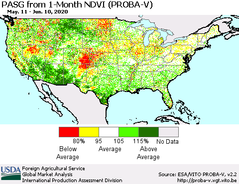 United States PASG from 1-Month NDVI (PROBA-V) Thematic Map For 6/1/2020 - 6/10/2020