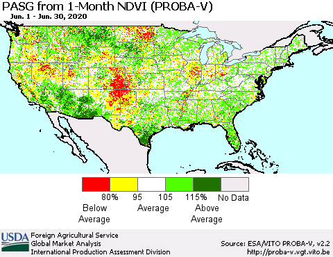 United States PASG from 1-Month NDVI (PROBA-V) Thematic Map For 6/21/2020 - 6/30/2020