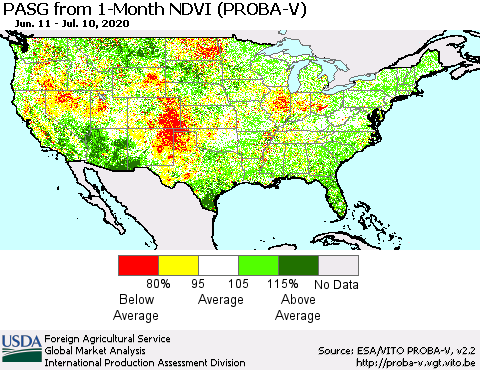 United States PASG from 1-Month NDVI (PROBA-V) Thematic Map For 7/1/2020 - 7/10/2020
