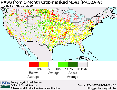 United States PASG from 1-Month Crop-masked NDVI (PROBA-V) Thematic Map For 1/1/2018 - 1/10/2018