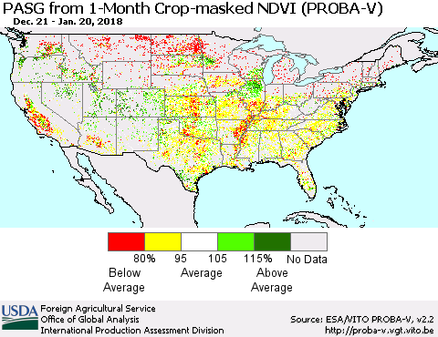 United States PASG from 1-Month Crop-masked NDVI (PROBA-V) Thematic Map For 1/11/2018 - 1/20/2018