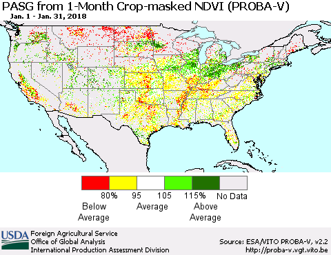 United States PASG from 1-Month Crop-masked NDVI (PROBA-V) Thematic Map For 1/21/2018 - 1/31/2018