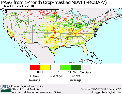 United States PASG from 1-Month Crop-masked NDVI (PROBA-V) Thematic Map For 2/1/2018 - 2/10/2018