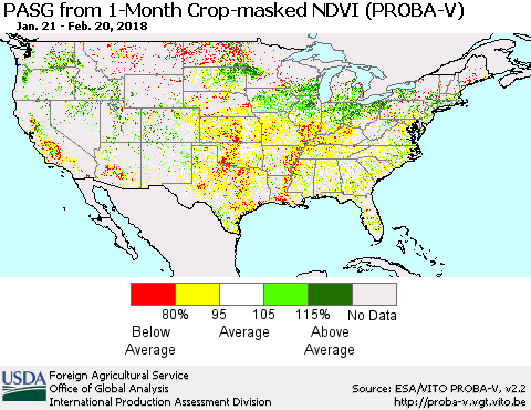 United States PASG from 1-Month Crop-masked NDVI (PROBA-V) Thematic Map For 2/11/2018 - 2/20/2018