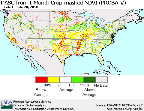 United States PASG from 1-Month Crop-masked NDVI (PROBA-V) Thematic Map For 2/21/2018 - 2/28/2018