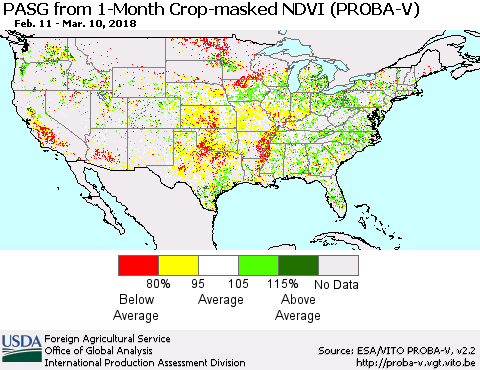 United States PASG from 1-Month Crop-masked NDVI (PROBA-V) Thematic Map For 3/1/2018 - 3/10/2018