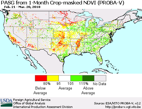 United States PASG from 1-Month Crop-masked NDVI (PROBA-V) Thematic Map For 3/11/2018 - 3/20/2018