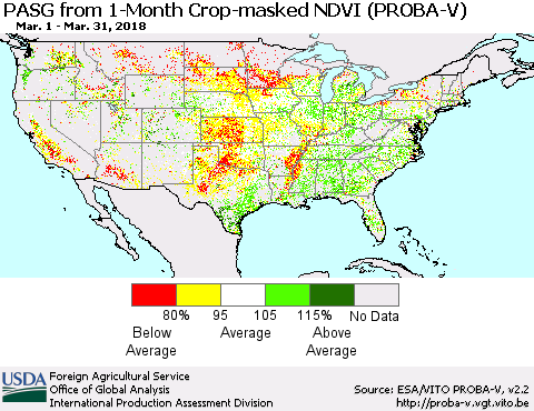 United States PASG from 1-Month Crop-masked NDVI (PROBA-V) Thematic Map For 3/21/2018 - 3/31/2018