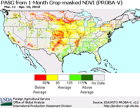 United States PASG from 1-Month Crop-masked NDVI (PROBA-V) Thematic Map For 4/1/2018 - 4/10/2018